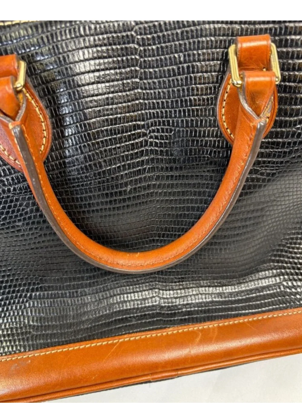 Dooney & Bourke Black Lizard-Embossed Satchel with Tan Trim